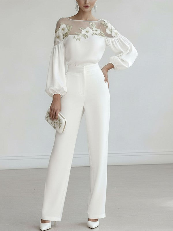 White Floral Applique Mesh Puff Sleeve Blouse Modeberg Bern