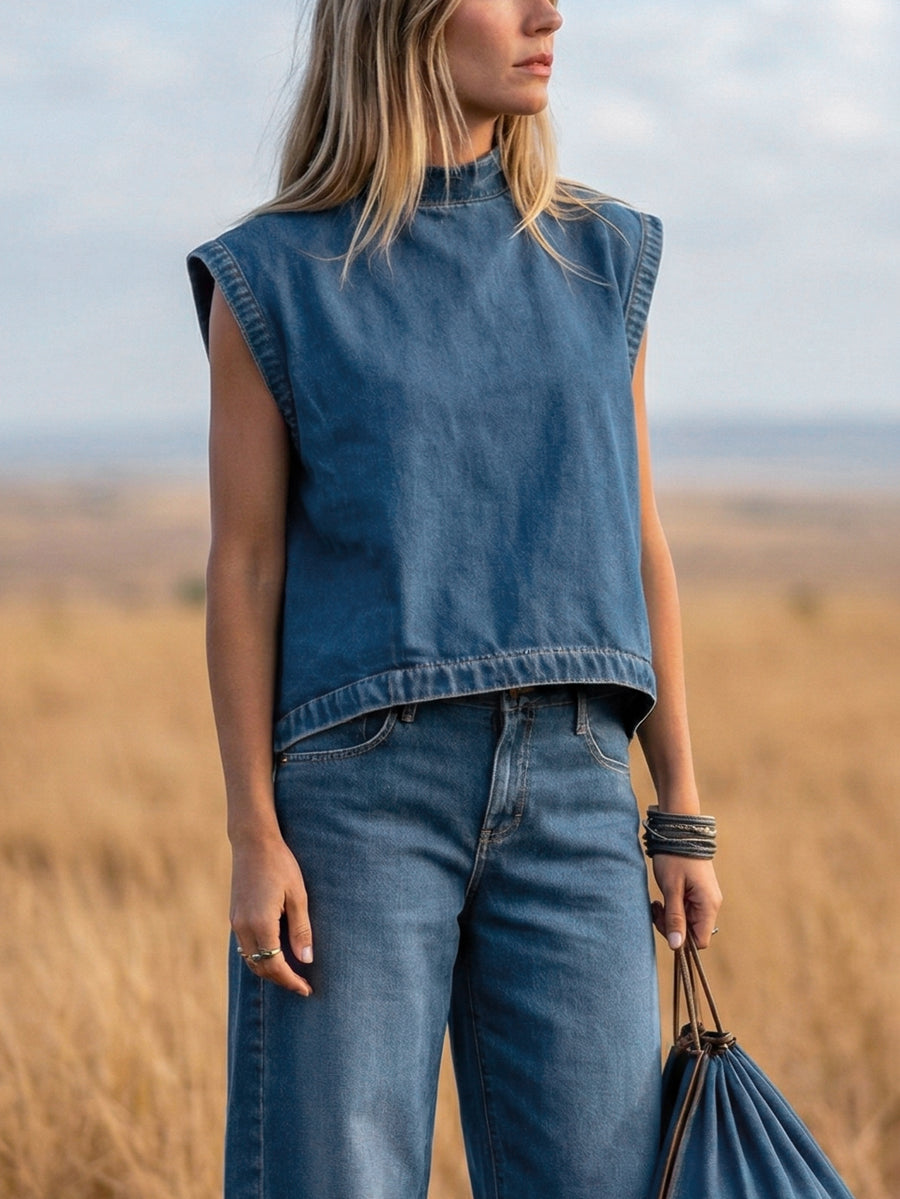 Denim Mock Neck Vest Top & Wide-Leg Jeans Co-ord Set Modeberg Bern