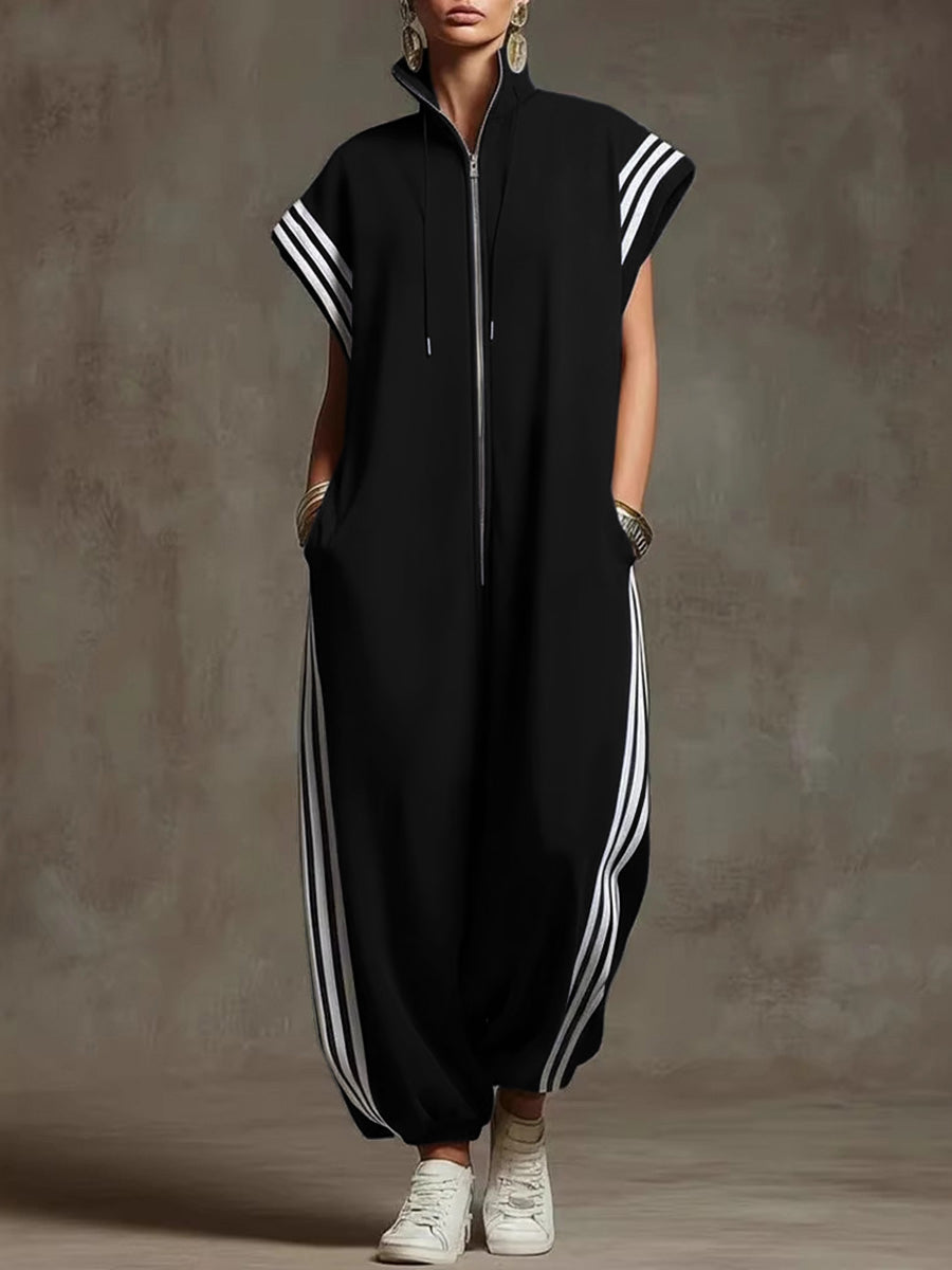 Plus Size Striped Sleeveless Jumpsuit with Stand Collar Modeberg Bern