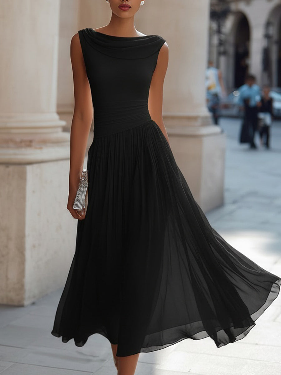 Draped Neck Sleeveless Pleated Occasion Midi Dress Modeberg Bern