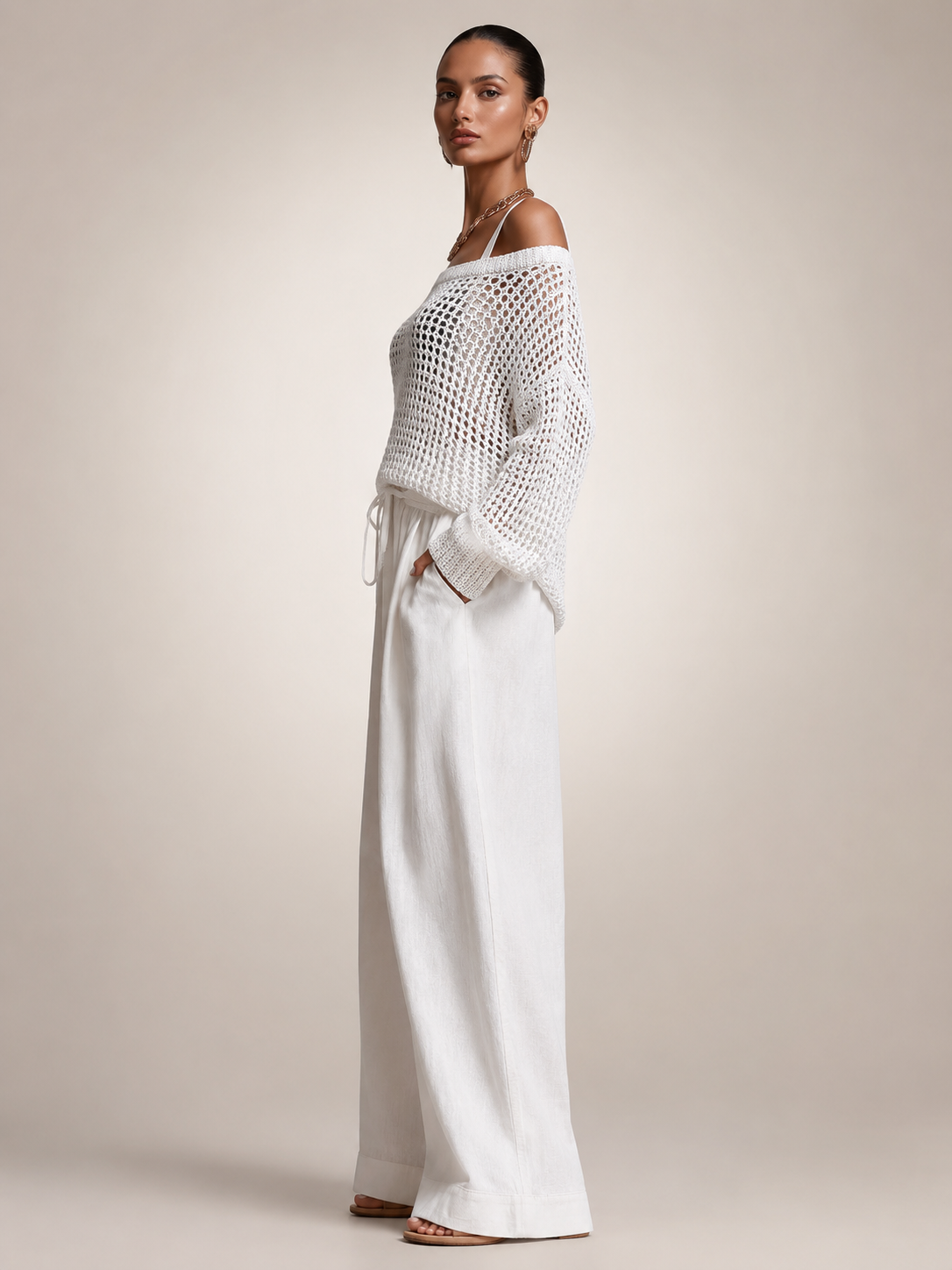 Off-Shoulder Knit Co-Ord Set with Wide-Leg Trousers Modeberg Bern
