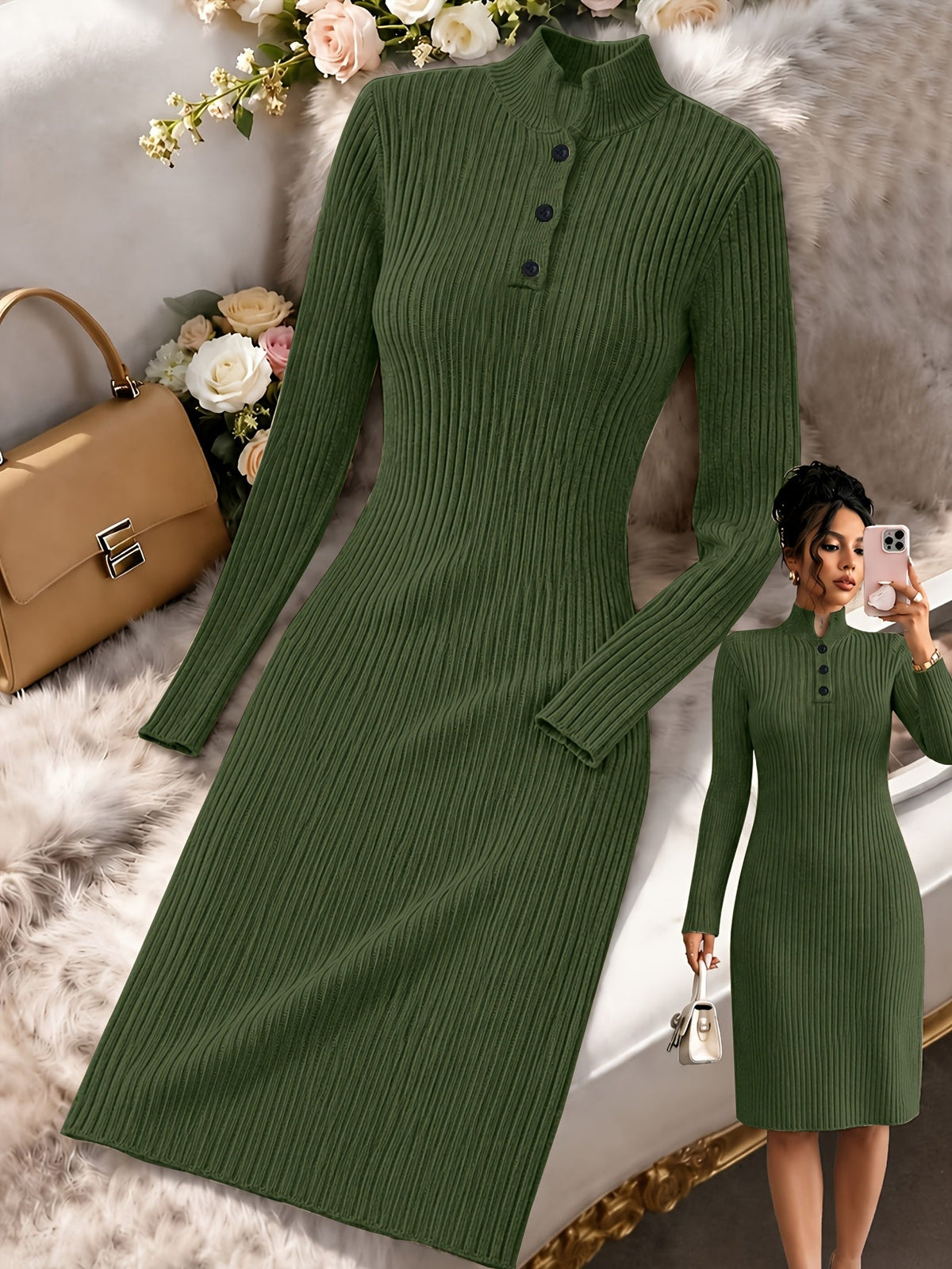 Ribbed Knit V-Neck Long Sleeve Midi Dress Modeberg Bern