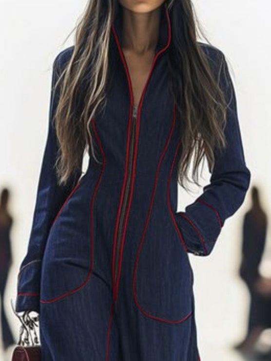 Denim Long Sleeve Jumpsuit with Stand Collar and Wide Leg Modeberg Bern