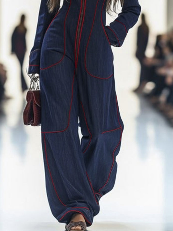 Denim Long Sleeve Jumpsuit with Stand Collar and Wide Leg Modeberg Bern