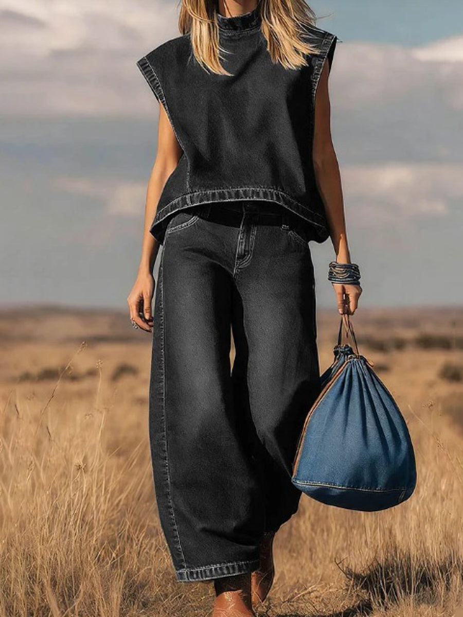 Denim Mock Neck Vest Top & Wide-Leg Jeans Co-ord Set Modeberg Bern