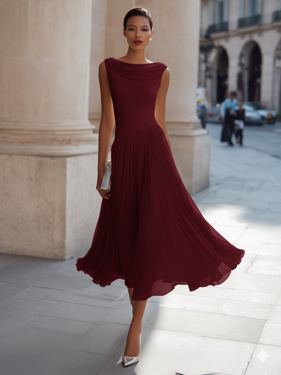 Draped Neck Sleeveless Pleated Occasion Midi Dress Modeberg Bern