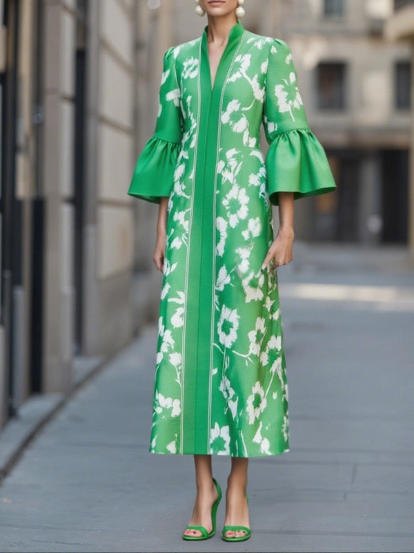 Floral Print Pleated Maxi Dress – Flared Sleeve V-Neck Modeberg Bern