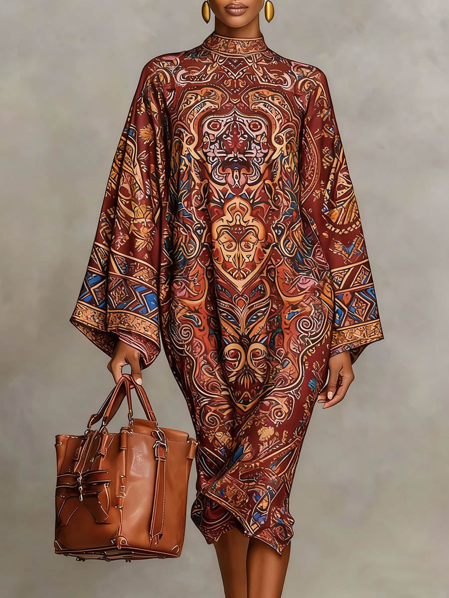 Contrast Print Mock Neck Midi Dress with Long Sleeves and Loose Fit Modeberg Bern