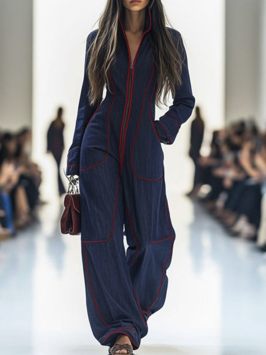 Denim Long Sleeve Jumpsuit with Stand Collar and Wide Leg Modeberg Bern
