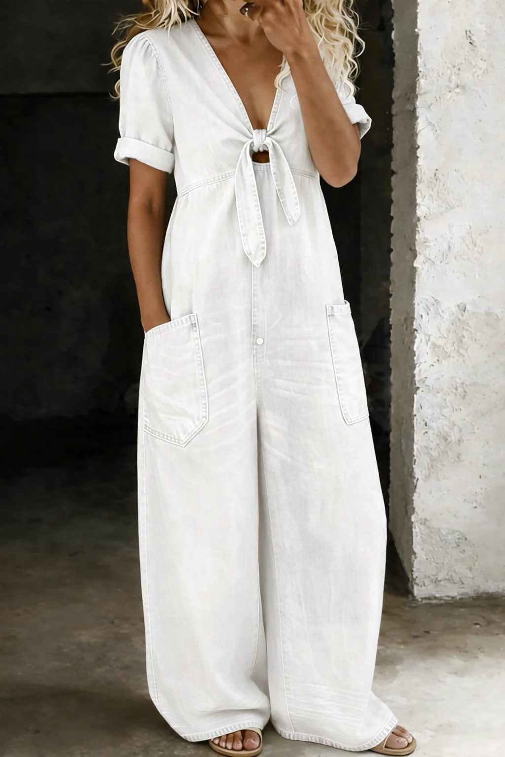 V-Neck Tie-Front Short Sleeve Jumpsuit Modeberg Bern