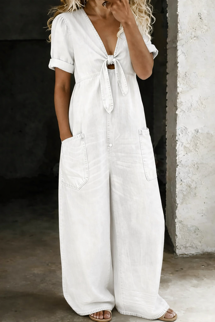 V-Neck Tie-Front Short Sleeve Jumpsuit Modeberg Bern