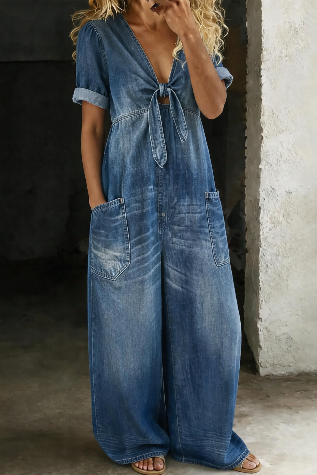 V-Neck Tie-Front Short Sleeve Jumpsuit Modeberg Bern