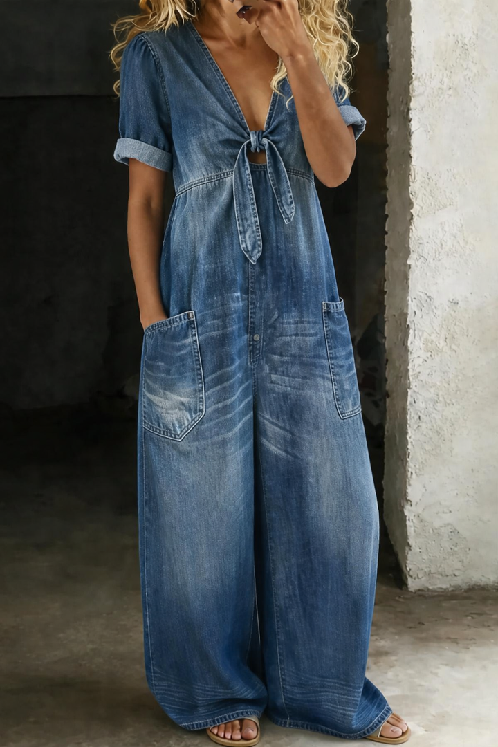 V-Neck Tie-Front Short Sleeve Jumpsuit Modeberg Bern