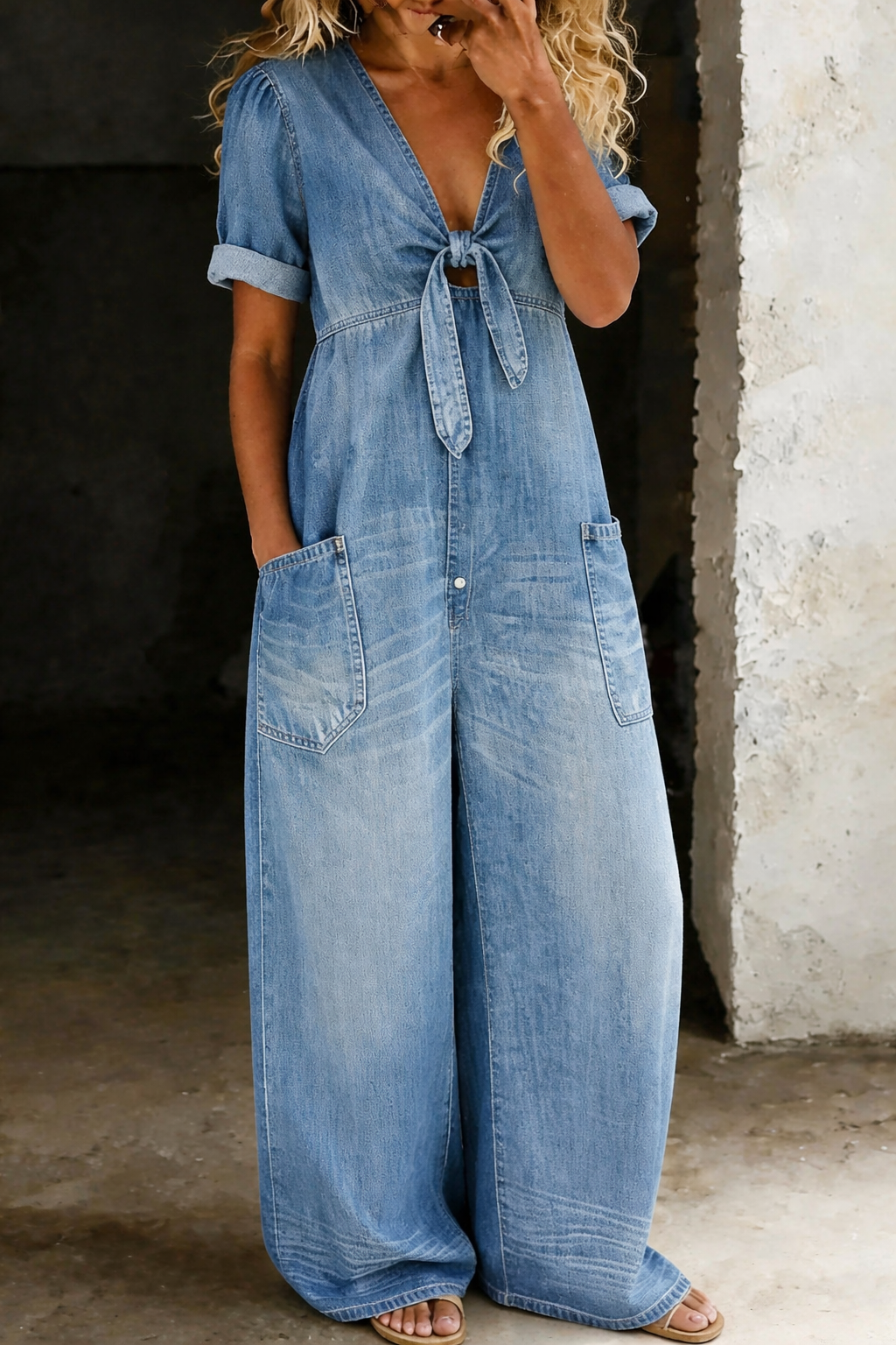 V-Neck Tie-Front Short Sleeve Jumpsuit Modeberg Bern