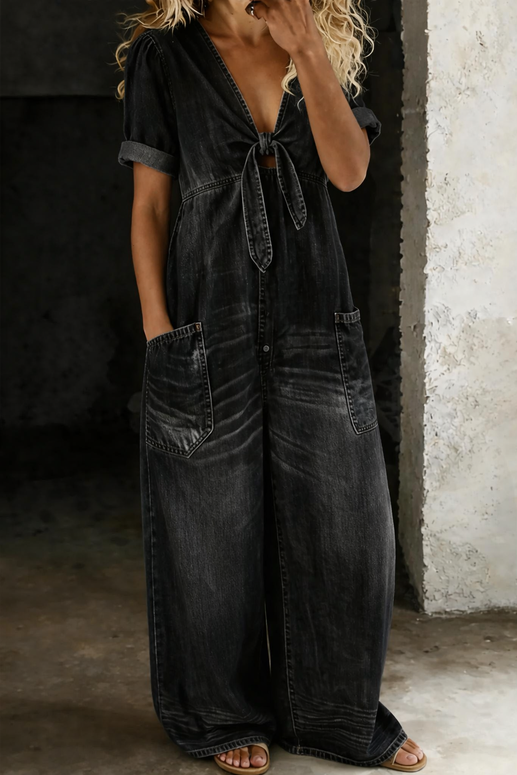 V-Neck Tie-Front Short Sleeve Jumpsuit Modeberg Bern