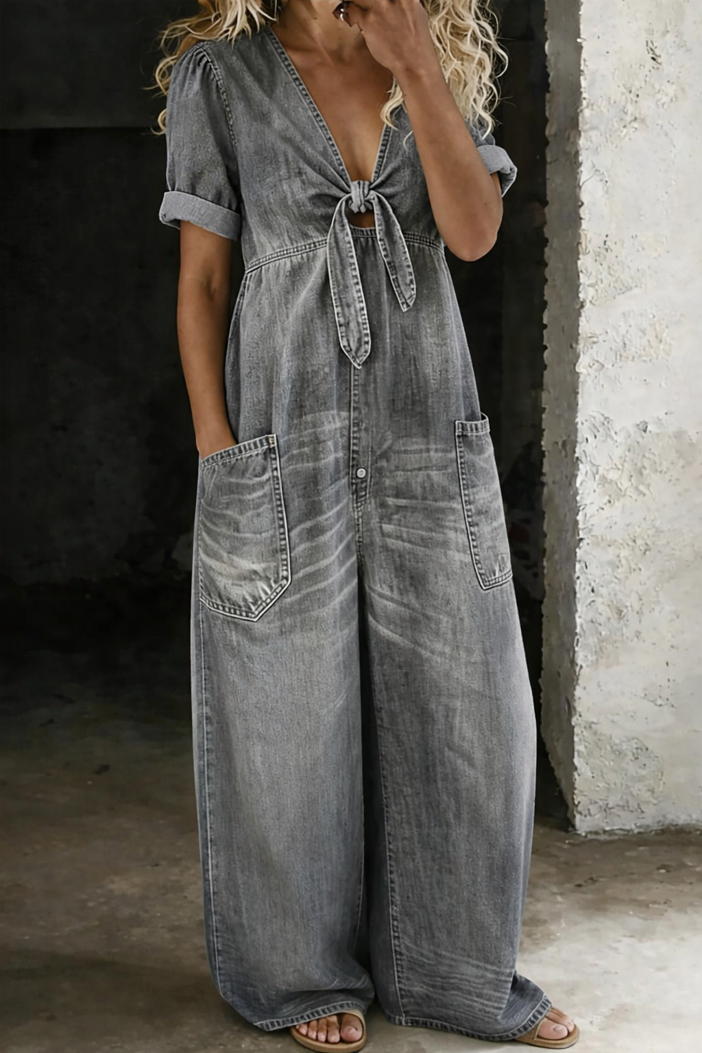 V-Neck Tie-Front Short Sleeve Jumpsuit Modeberg Bern