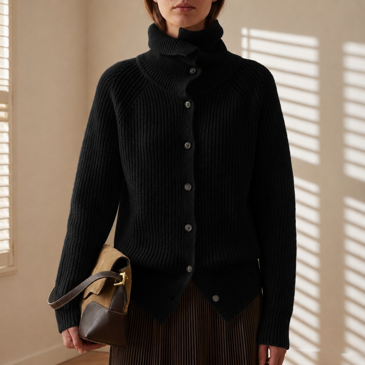 Chunky Knit Cardigan with Button-Front Funnel Neck Modeberg Bern