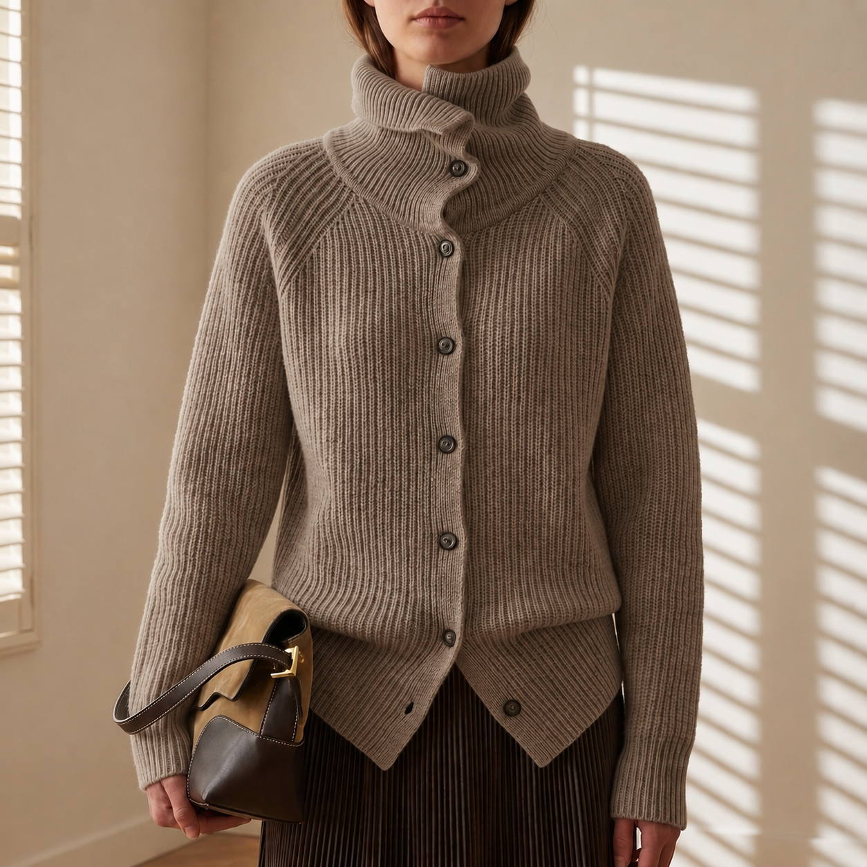 Chunky Knit Cardigan with Button-Front Funnel Neck Modeberg Bern