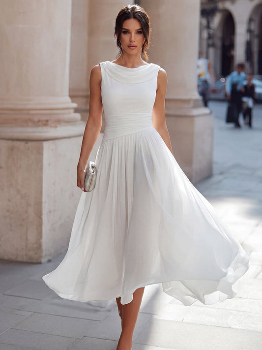 Draped Neck Sleeveless Pleated Occasion Midi Dress Modeberg Bern