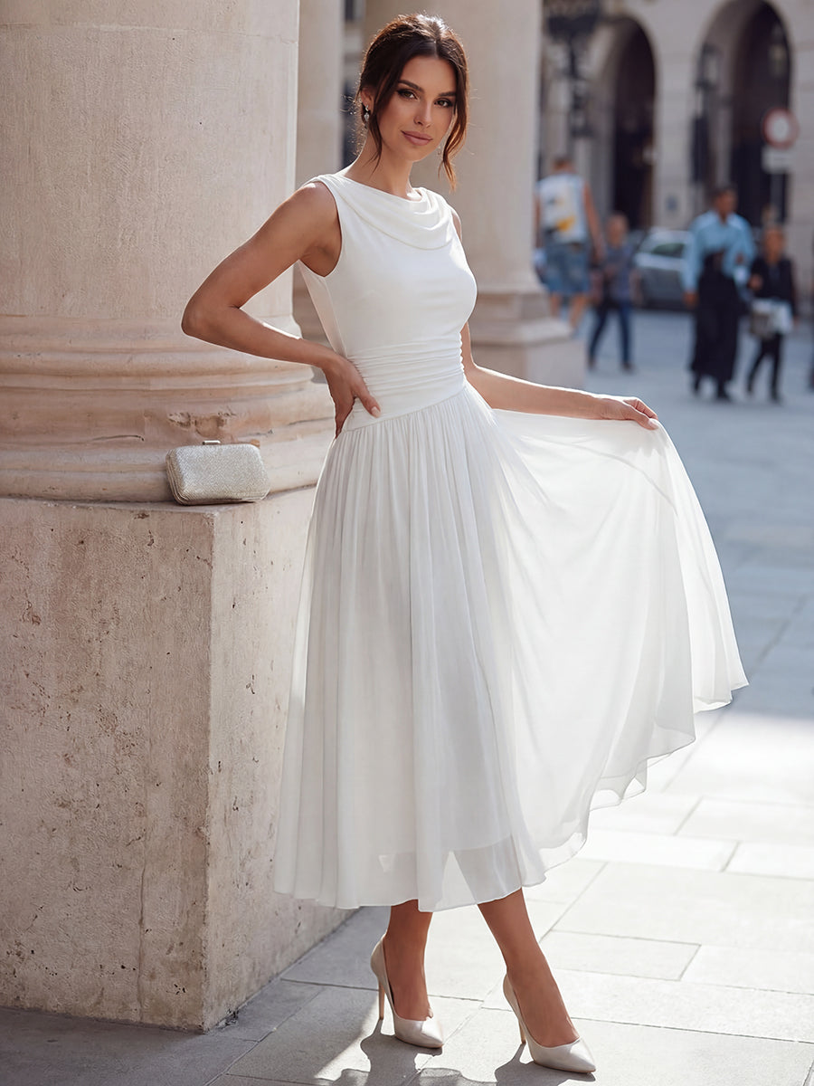 Draped Neck Sleeveless Pleated Occasion Midi Dress Modeberg Bern