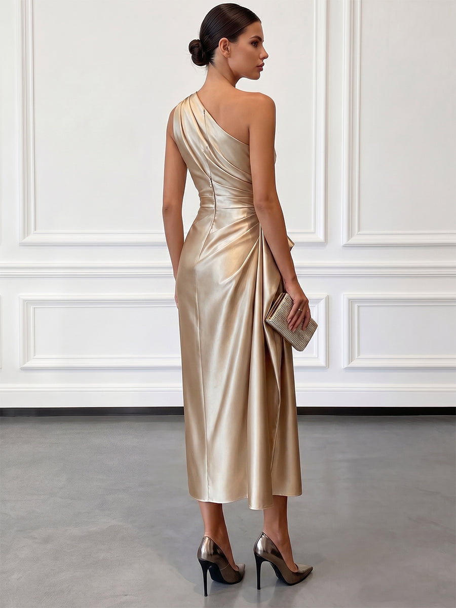 Satin One-Shoulder Ruched Wedding Guest Midi Dress Modeberg Bern