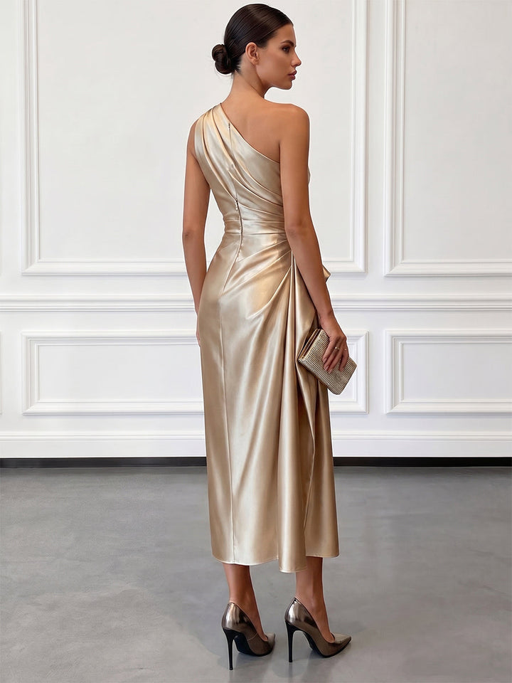 Satin One-Shoulder Ruched Wedding Guest Midi Dress Modeberg Bern