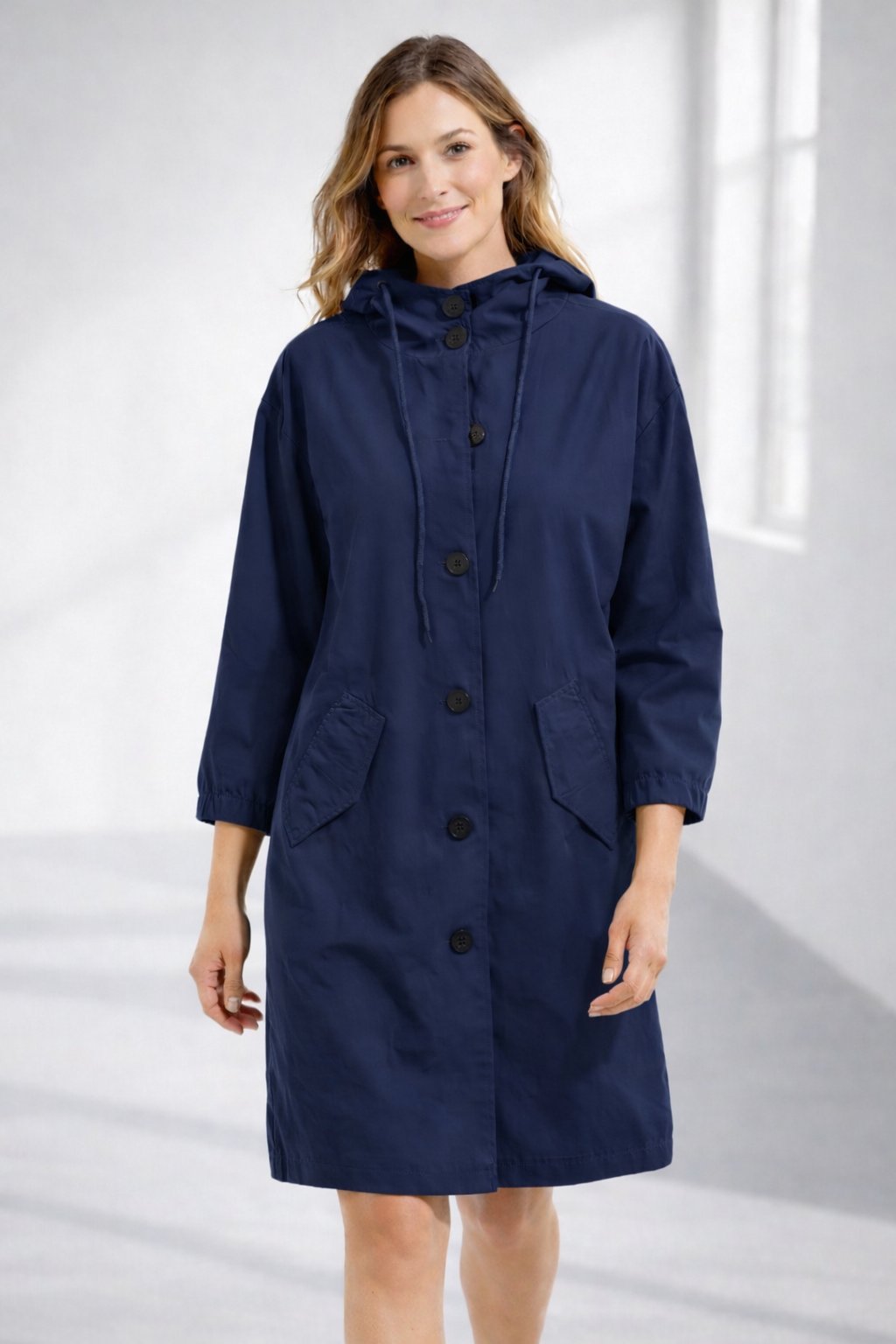 Mid-Length Hooded Jacket with Button Front and Shortened Sleeves Modeberg Bern