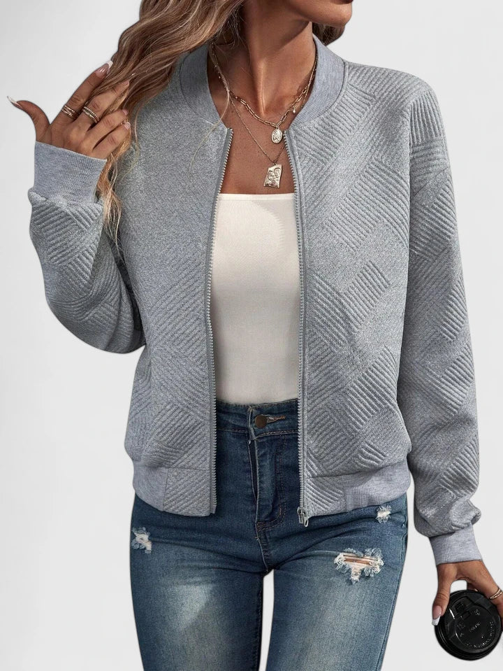 Textured Geometric Bomber Jacket with Ribbed Collar Modeberg Bern