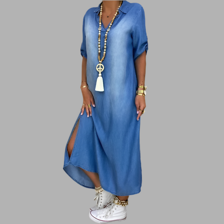Orina™ Langes Kleid mit Seitenschlitz im Jeans-Look Modeberg Bern