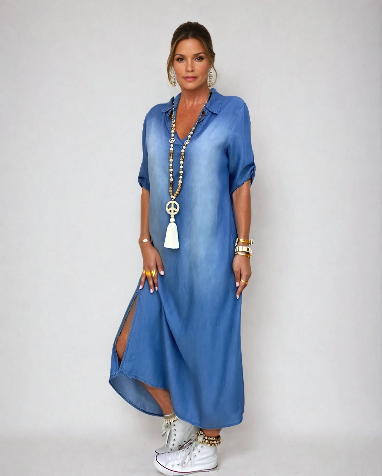 Orina™ Langes Kleid mit Seitenschlitz im Jeans-Look Modeberg Bern