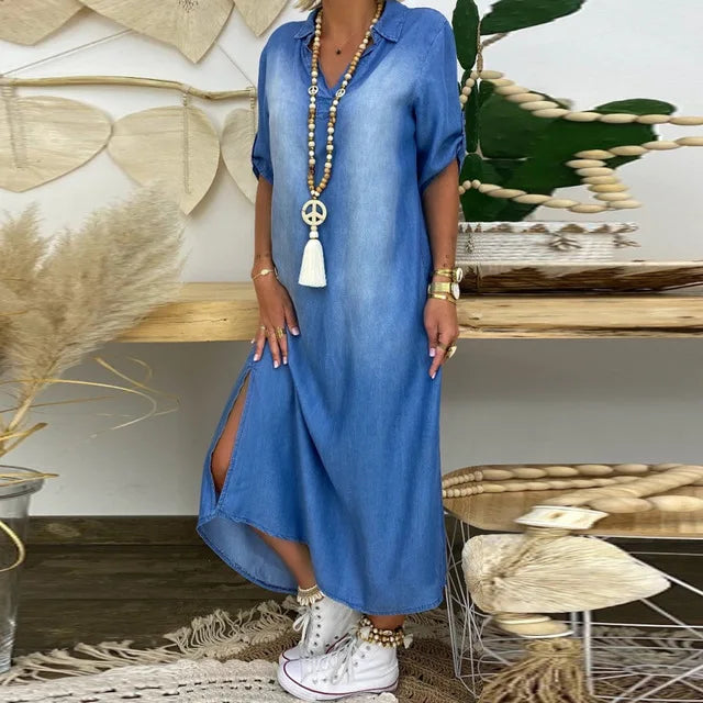 Orina™ Langes Kleid mit Seitenschlitz im Jeans-Look Modeberg Bern