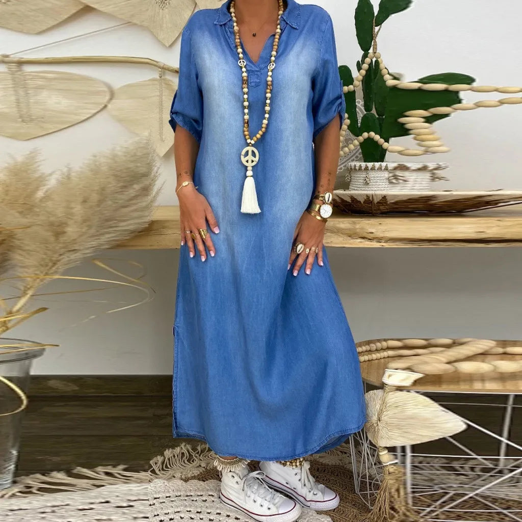 Orina™ Langes Kleid mit Seitenschlitz im Jeans-Look Modeberg Bern