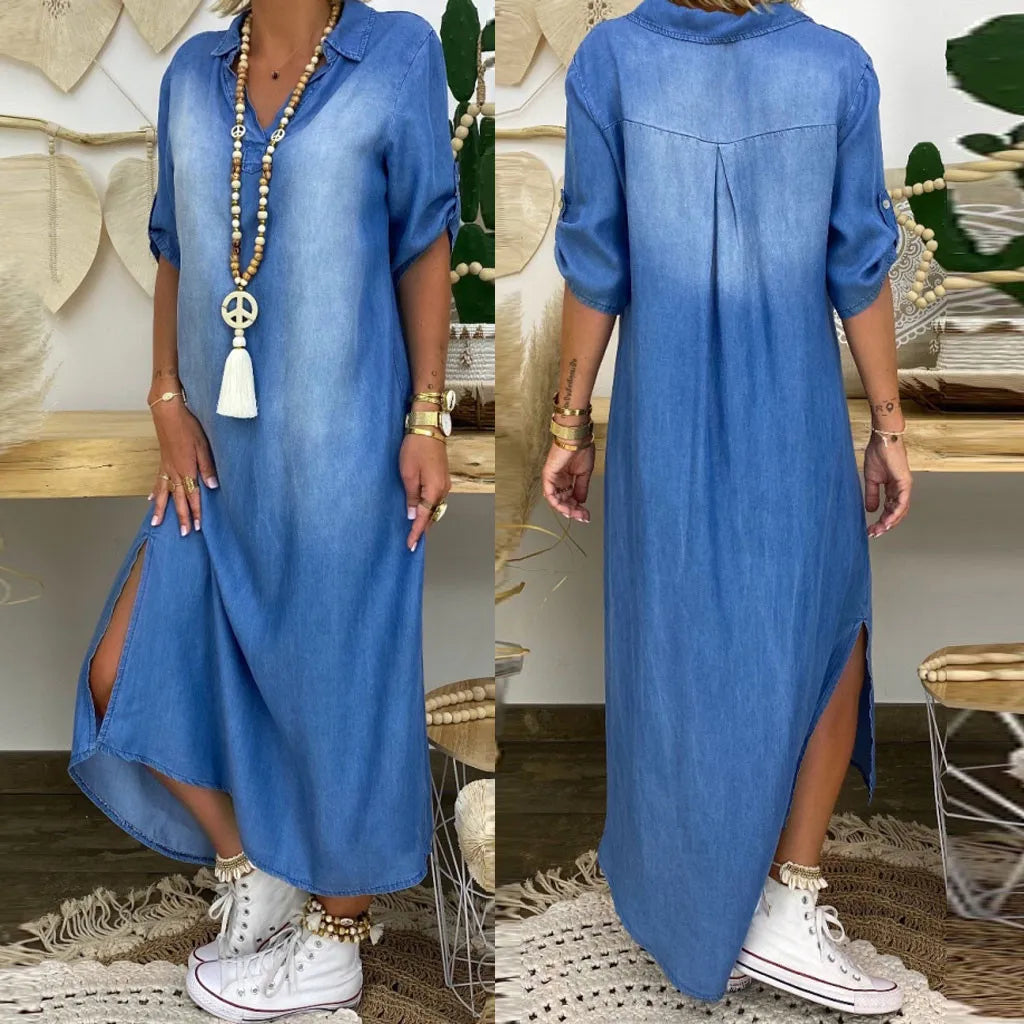 Orina™ Langes Kleid mit Seitenschlitz im Jeans-Look Modeberg Bern
