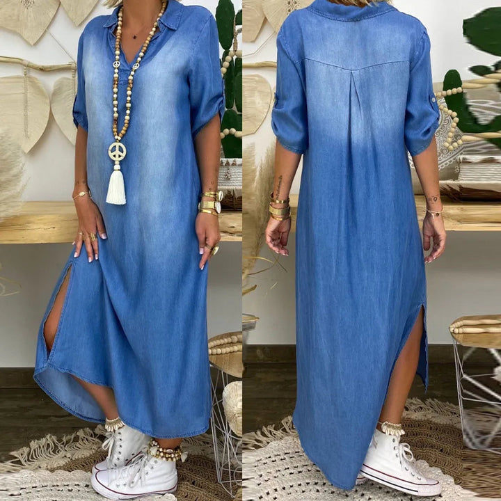 Orina™ Langes Kleid mit Seitenschlitz im Jeans-Look Modeberg Bern