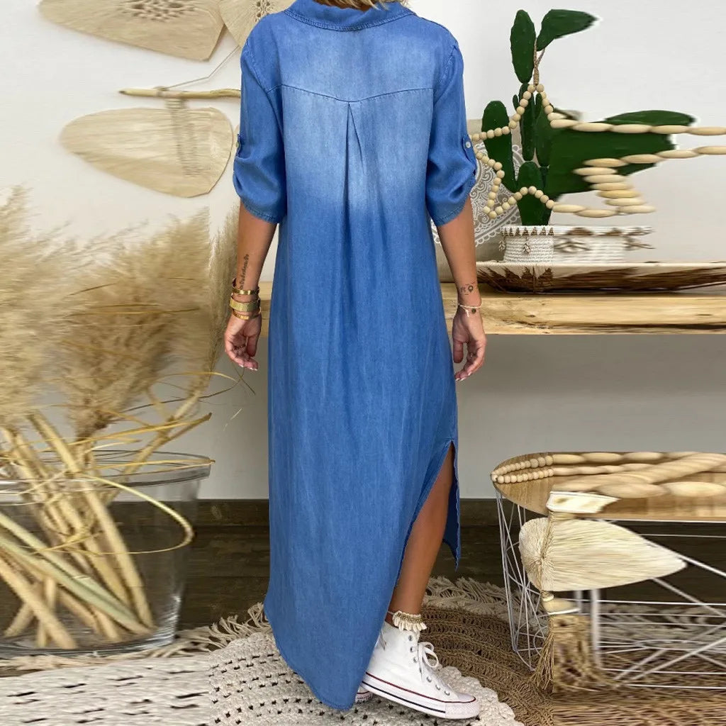 Orina™ Langes Kleid mit Seitenschlitz im Jeans-Look Modeberg Bern