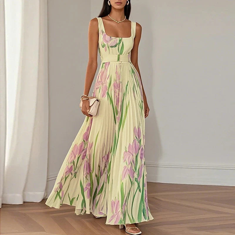 Floral Square Neck Pleated Wedding Guest Maxi Dress Modeberg Bern