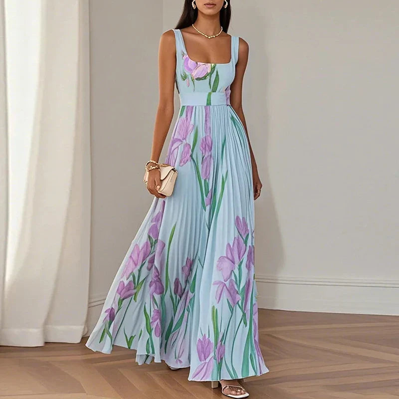 Floral Square Neck Pleated Wedding Guest Maxi Dress Modeberg Bern