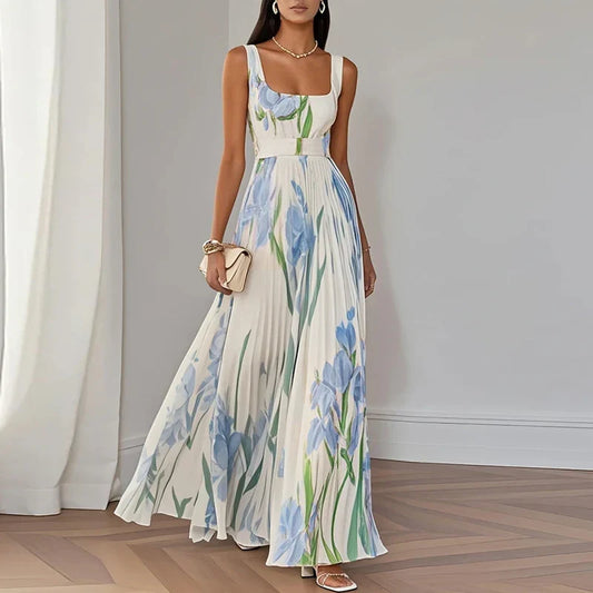 Floral Square Neck Pleated Wedding Guest Maxi Dress Modeberg Bern