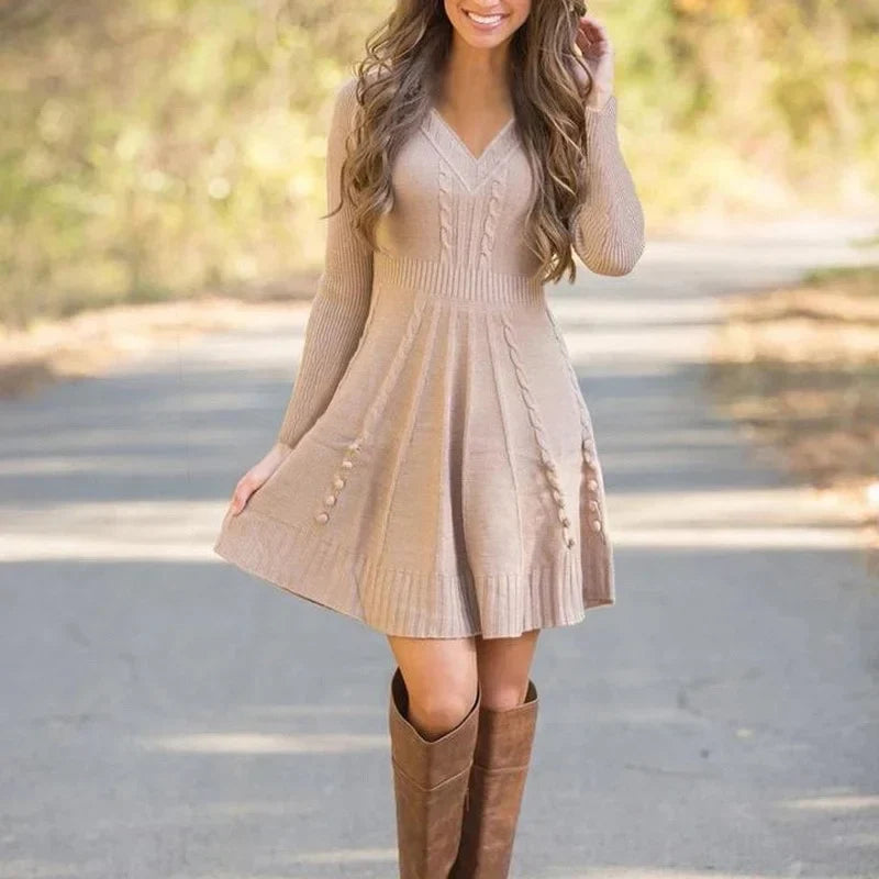 V Neck Knitted Jumper Dress with Ribbed Waist Modeberg Bern