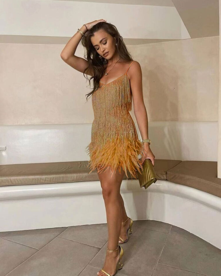Selina™ Elegantes Cocktailkleid mit Pailletten und Federsaum für Damen