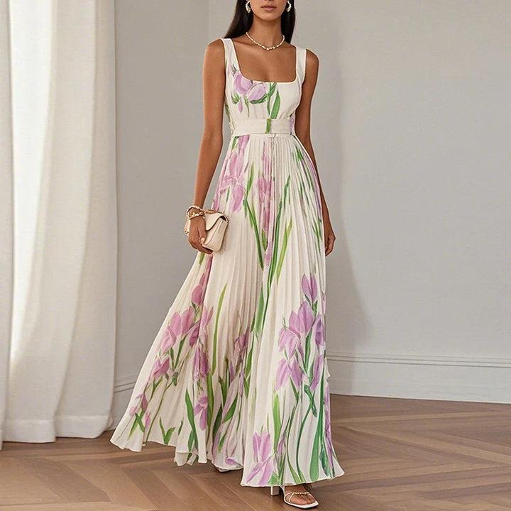 Floral Square Neck Pleated Wedding Guest Maxi Dress Modeberg Bern