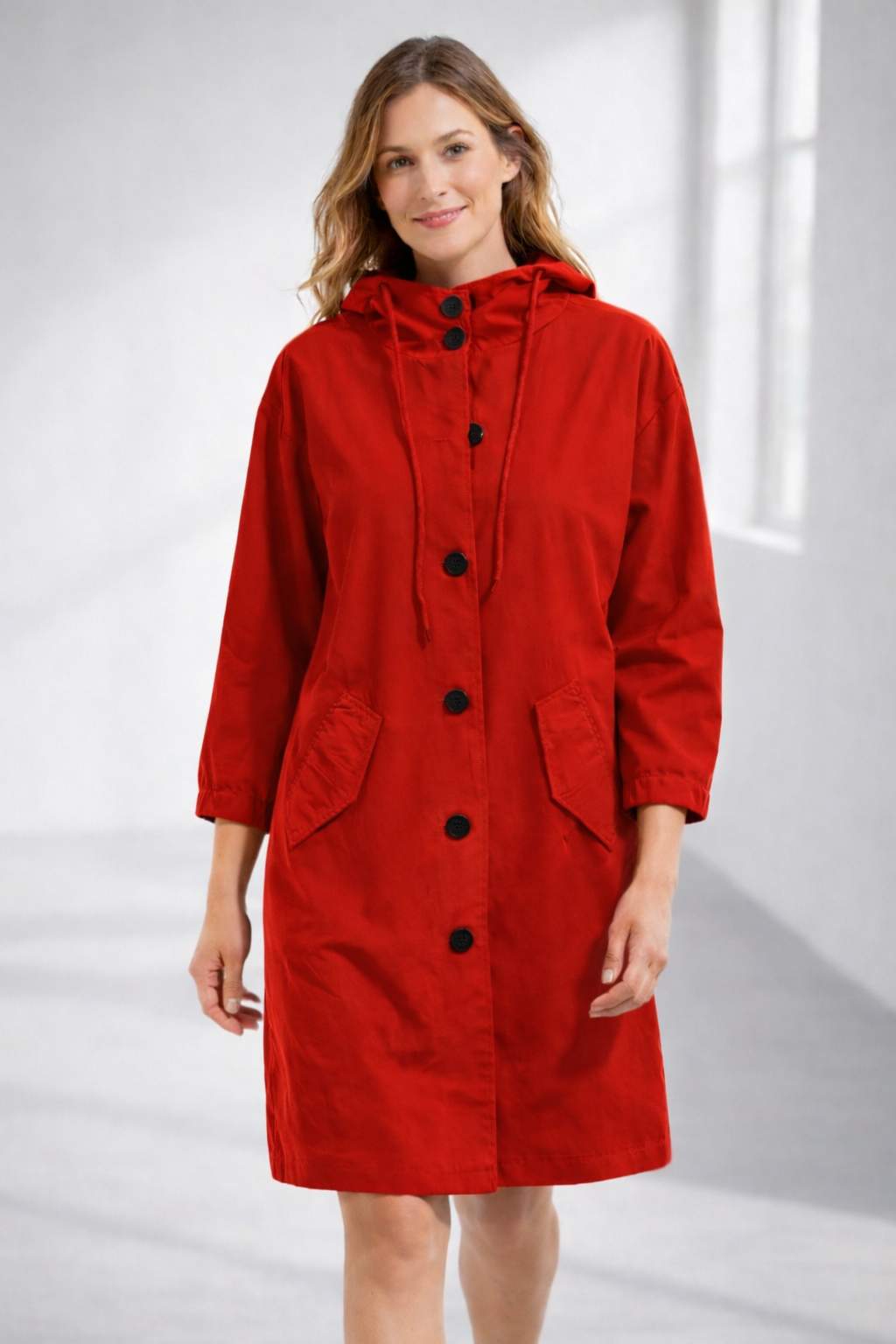 Mid-Length Hooded Jacket with Button Front and Shortened Sleeves Modeberg Bern