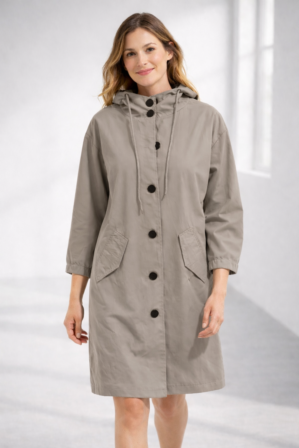 Mid-Length Hooded Jacket with Button Front and Shortened Sleeves Modeberg Bern