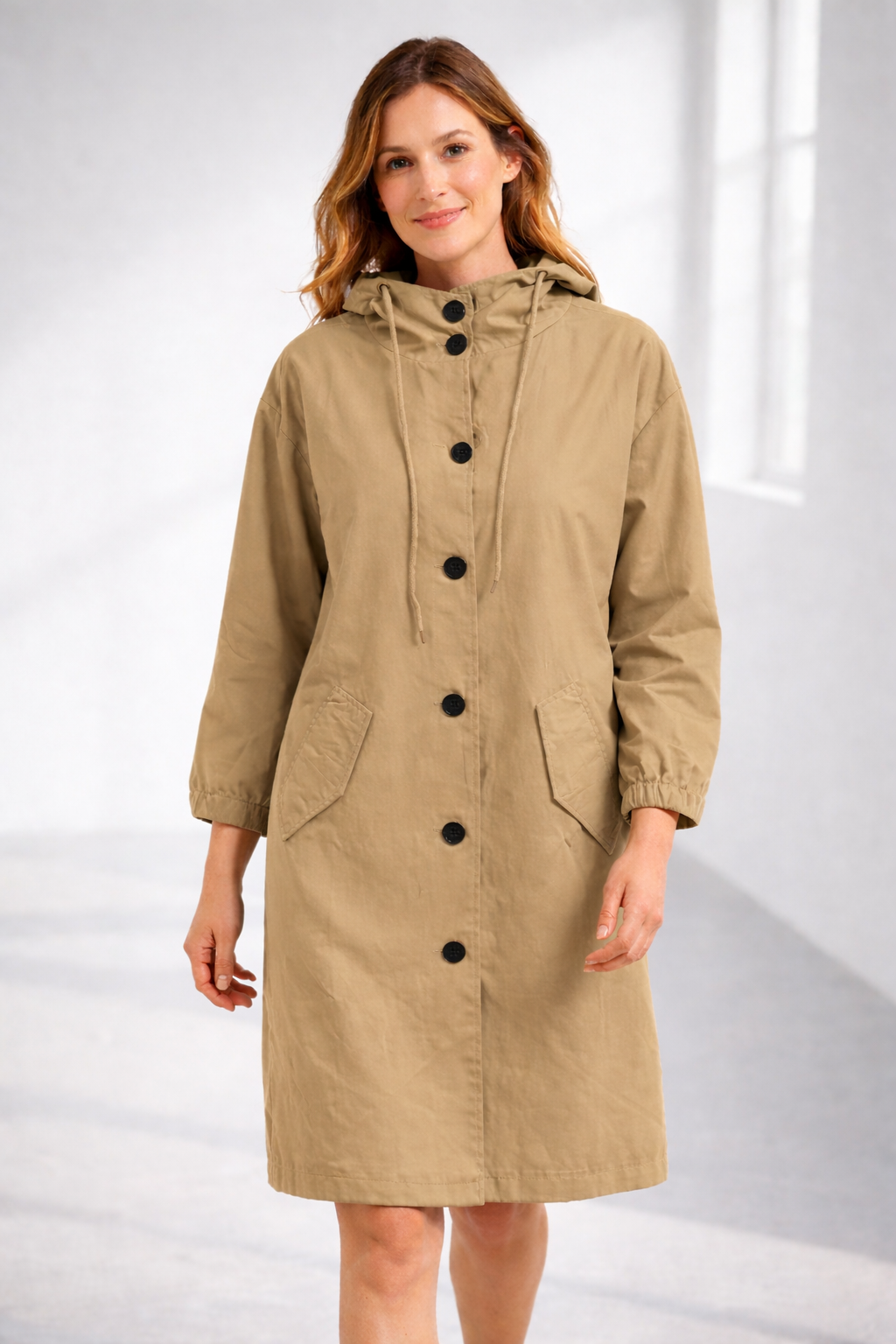 Mid-Length Hooded Jacket with Button Front and Shortened Sleeves Modeberg Bern