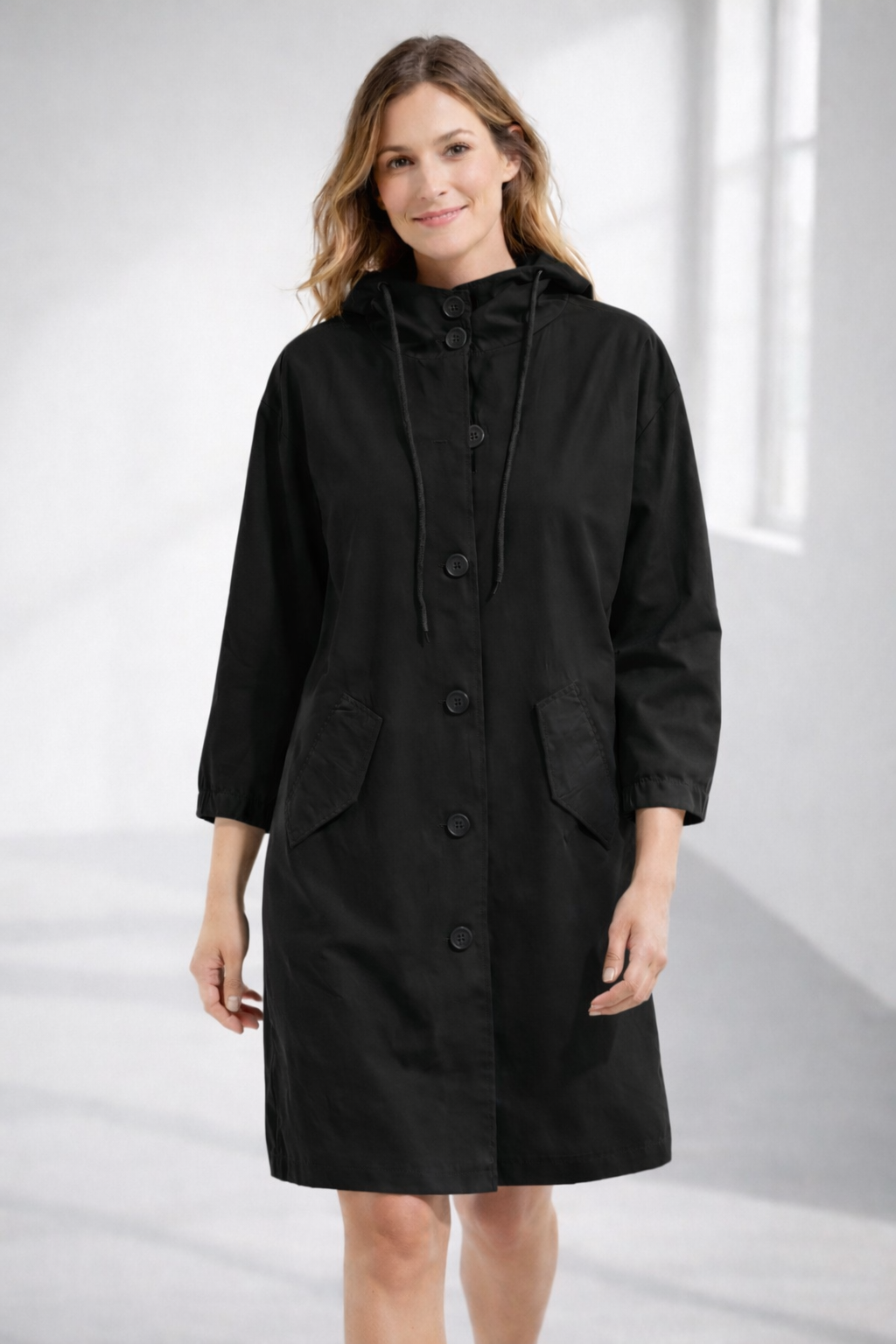 Mid-Length Hooded Jacket with Button Front and Shortened Sleeves Modeberg Bern