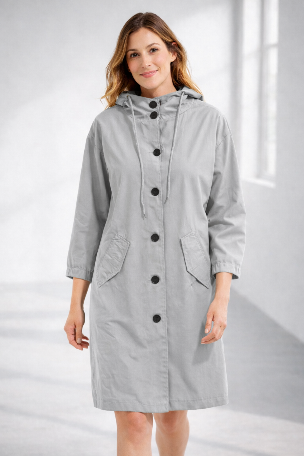 Mid-Length Hooded Jacket with Button Front and Shortened Sleeves Modeberg Bern