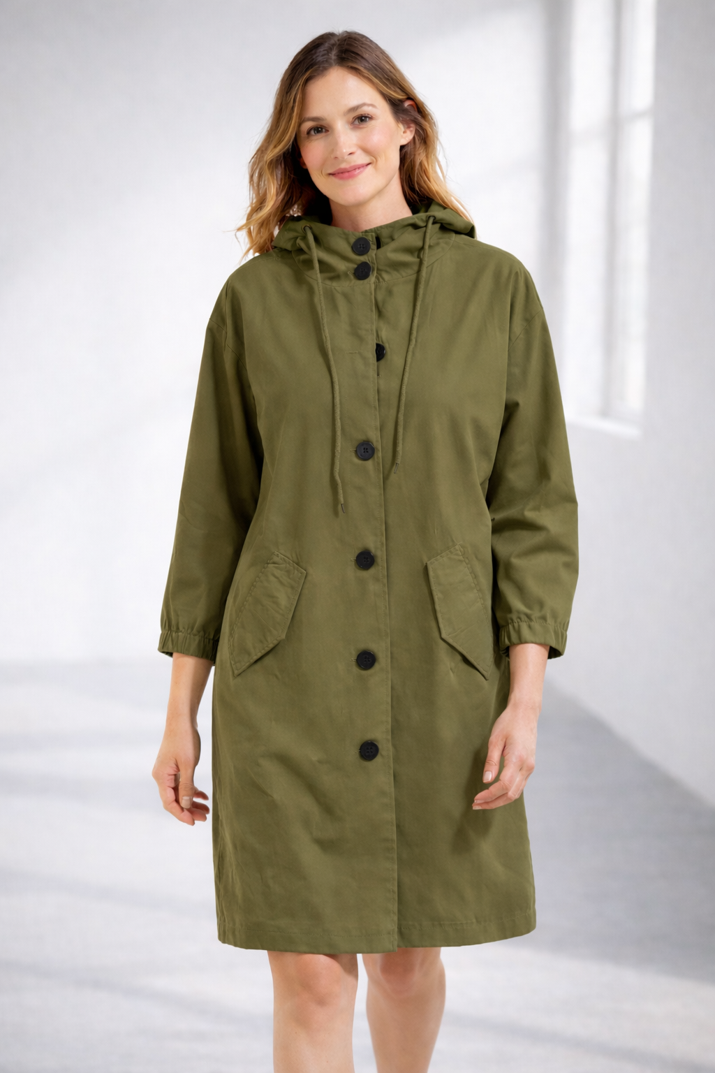 Mid-Length Hooded Jacket with Button Front and Shortened Sleeves Modeberg Bern