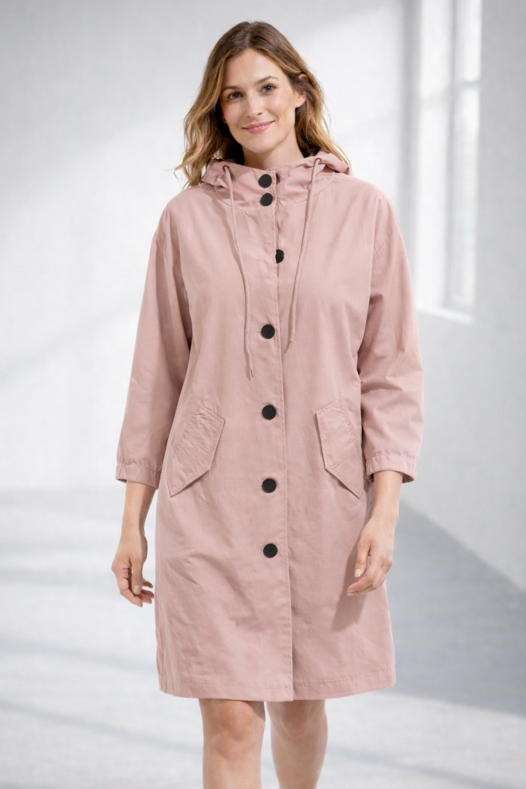 Mid-Length Hooded Jacket with Button Front and Shortened Sleeves Modeberg Bern