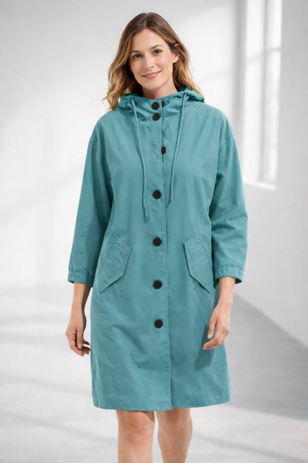 Mid-Length Hooded Jacket with Button Front and Shortened Sleeves Modeberg Bern