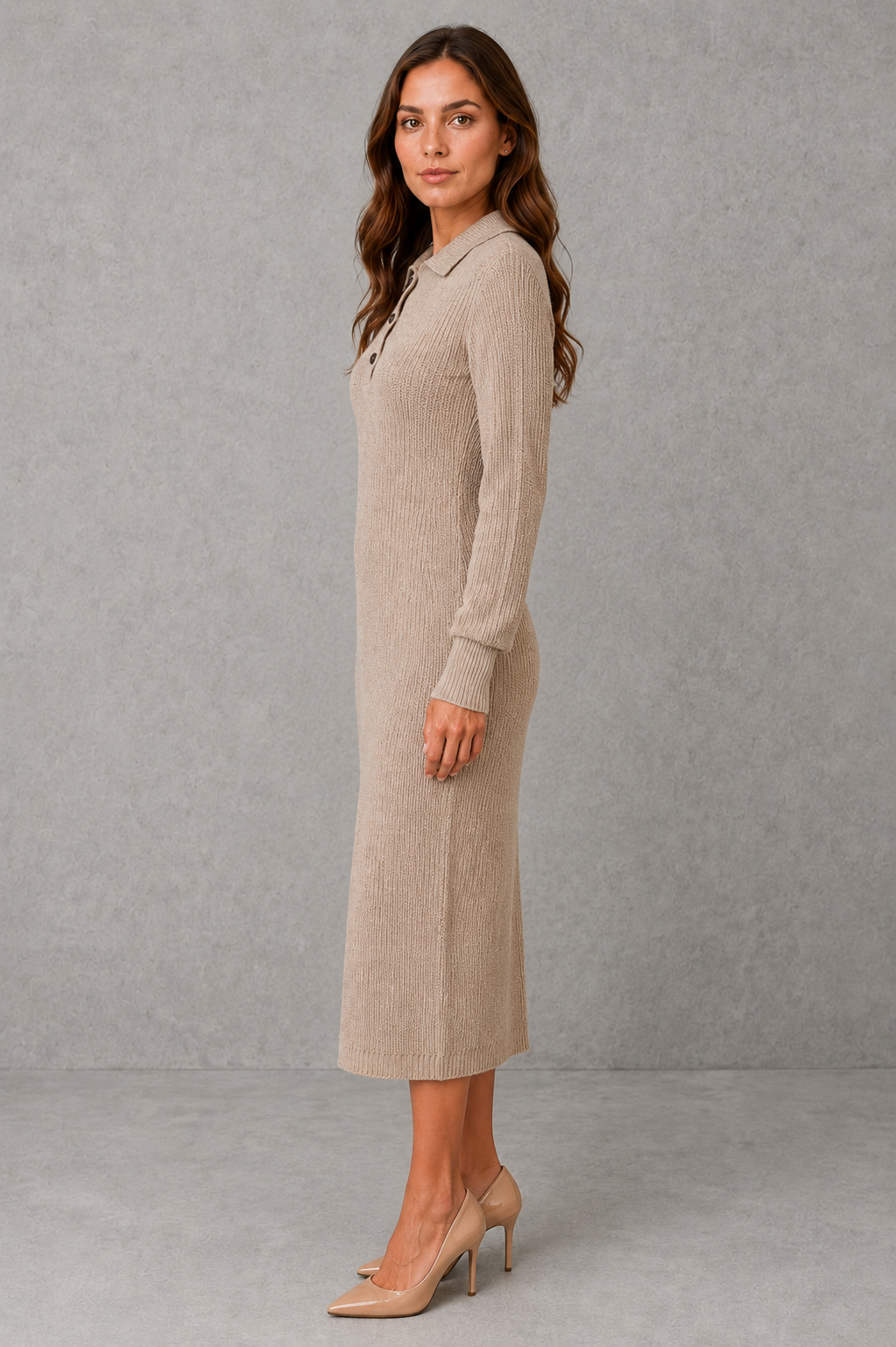 Polo Neck Knitted Midi Jumper Dress with Button Placket Modeberg Bern